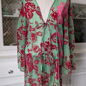 Urban Outfitters Mint Green Floral Robe with Pink-Red Print